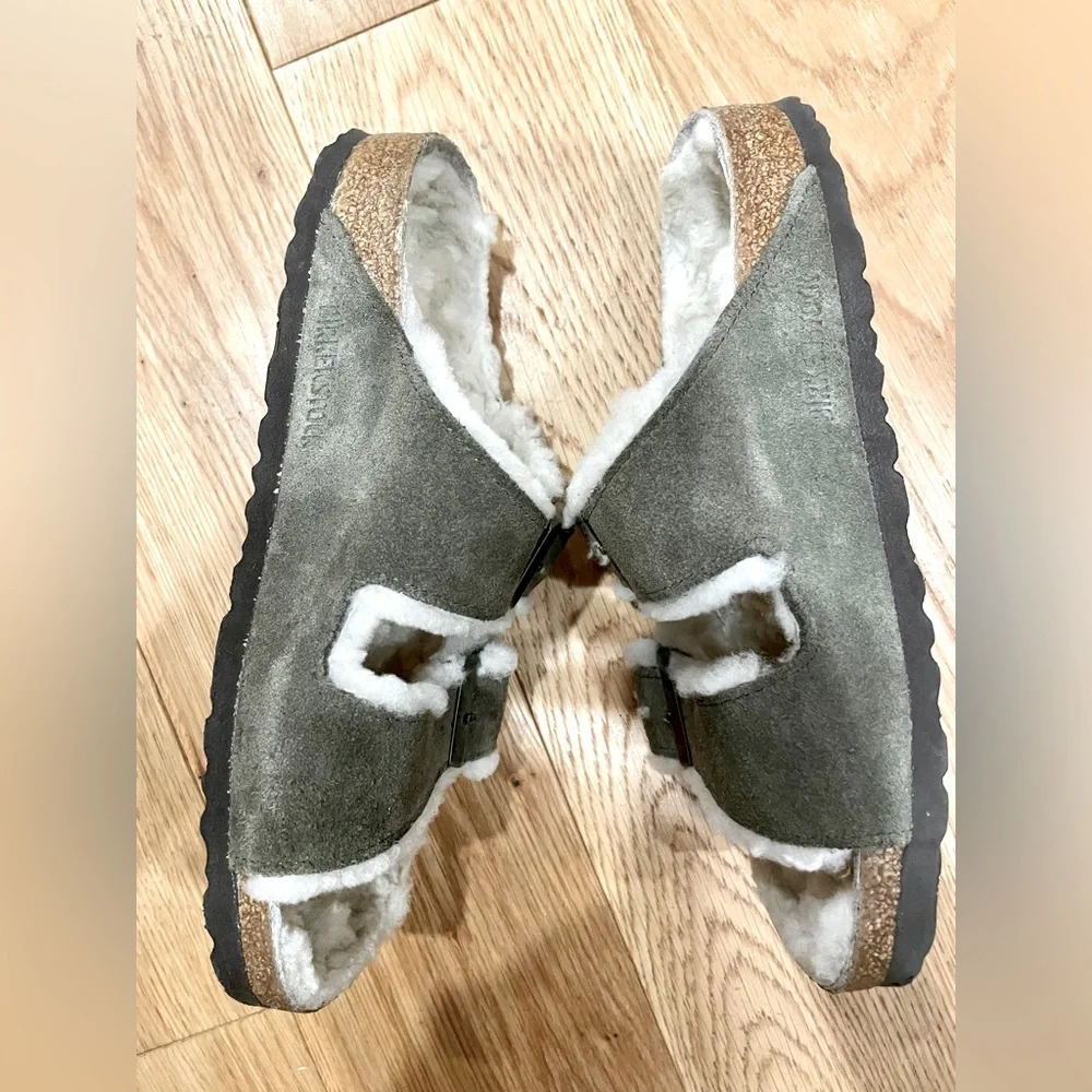 Birkenstock Arizona shearling suede leather sandal sz US 7-7.5 38 unisex olive - Picture 6 of 9